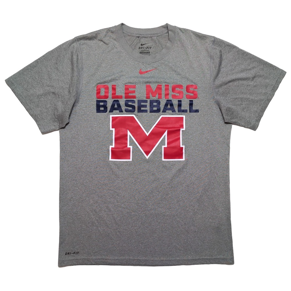 NIKE Ole Miss Rebels Baseball Shirt Mens Small Gray Dri-FIT Performance Tee